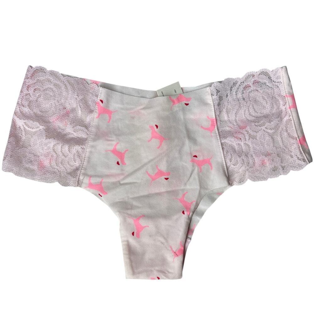 Pink Victoria's Secret No Show Thong Panty Santa Hat Dog Lace Trim Pink NWT XS